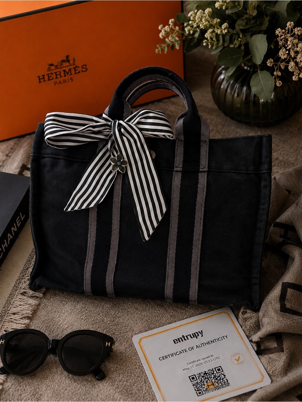 Hermès Paris Black Cotton Canvas Tote Bag PM w/ COA
